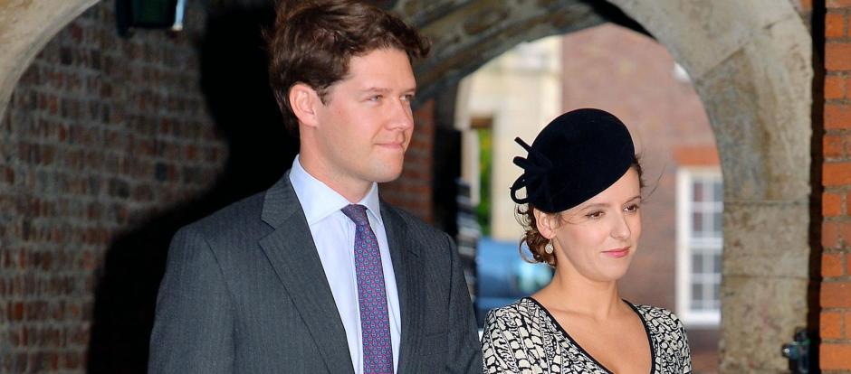 Emilia Jardine-Paterson and husband David arrive at Chapel Royal in St James's Palace, central London for the christening of Prince George of Cambridge.