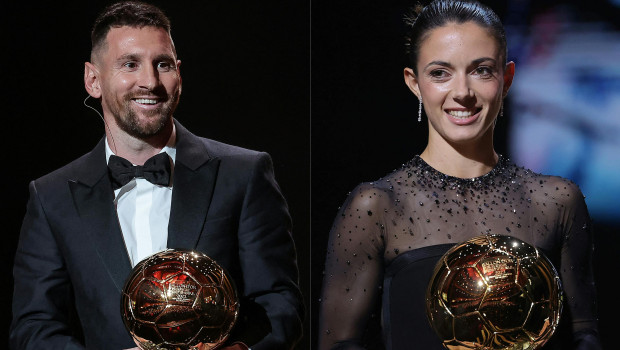 Leo Messi y Aitana Bonmatí con su Balón de Oro 2023