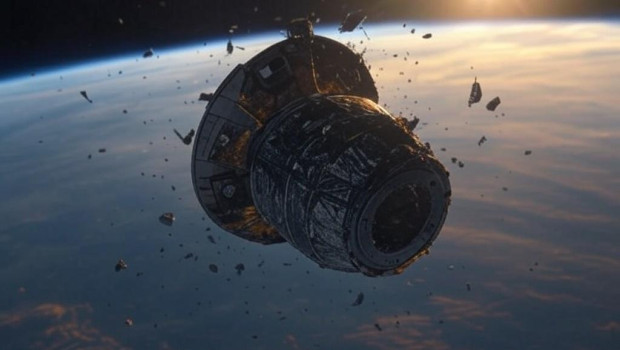 Ilustración de un satélite con basura espacial a su alrededor