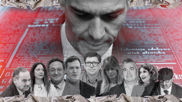 Fotomontaje de Sánchez con Ábalos, Leire, García Ortiz, David Sánchez, Salazar, Begoña Gómez, Santos Cerdán, María Jesús Montero y Koldo García