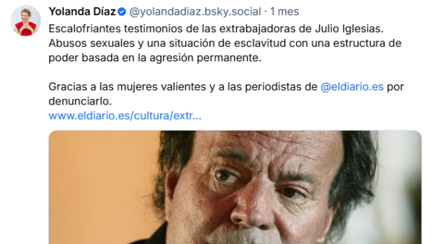 Publicación de Yolanda Díaz en su perfil de Bluesky contra Julio Iglesias