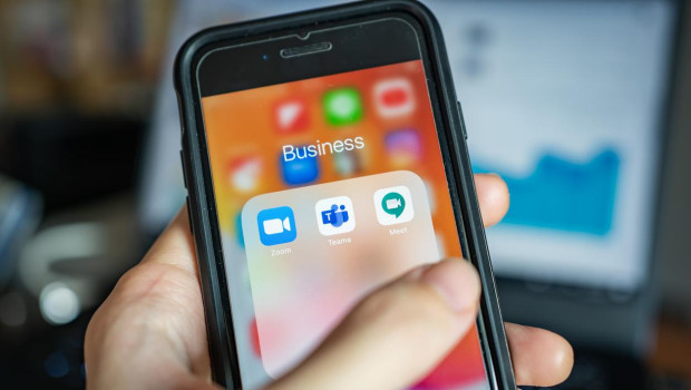 Bangkok, Thailand - April 1, 2020 : iPhone 7 showing its screen with popular online meeting applications which are Zoom, Microsoft Teams and Hangouts Meet by Google.