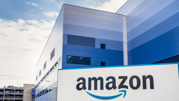 Milton Keynes, UK - A large Amazon filfilment warehouse near the M1 Motorway outside Milton Keynes.