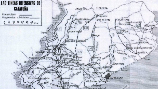 Mapa de las líneas defensivas de Cataluña