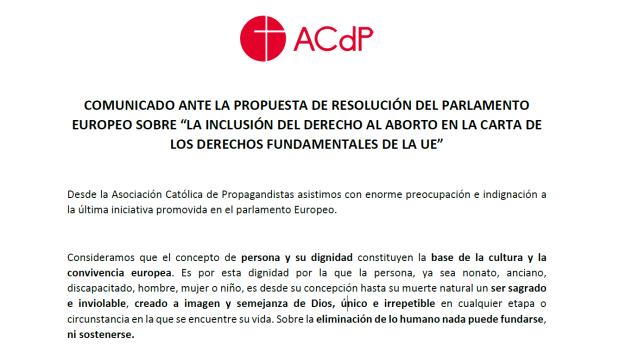 Cabecera del comunicado de la ACdP sobre la resolución de la Eurocámara sobre el aborto