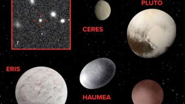 Una imagen compuesta que muestra los cinco planetas enanos reconocidos por la Unión Astronómica Internacional, más el objeto transneptuniano recientemente descubierto