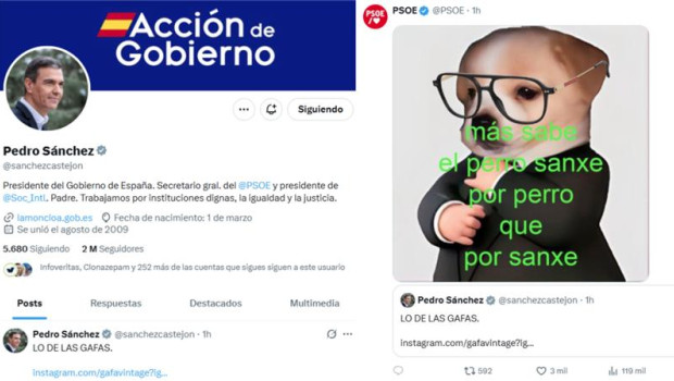Imagen de los dos mensajes en X con los que el PSOE y Sánchez han hablado de sus gafas