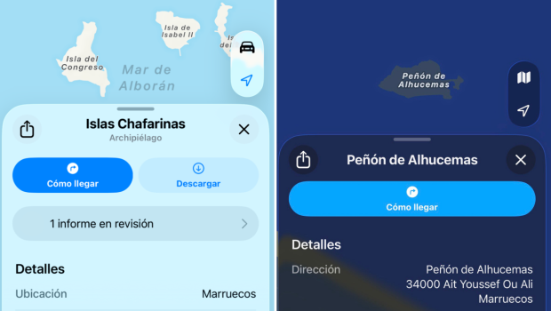 Las islas Chafarinas y el peñón de Alhucemas, con ubicación de Marruecos