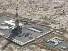 (230530) -- URUMQI, May 30, 2023 (Xinhua) -- This aerial photo taken on May 30, 2023 shows the drilling project of a borehole over 10,000 meters deep for scientific exploration in northwest China's Xinjiang Uygur Autonomous Region.
  The drilling of China's first borehole over 10,000 meters deep for scientific exploration began on Tuesday in the Tarim Basin, northwest China's Xinjiang Uygur Autonomous Region.
   The operation started at 11:46 a.m. on Tuesday. It represents a landmark in China's deep-Earth exploration, providing an unprecedented opportunity to study areas of the planet deep beneath the surface. (Xinhua/Li Xiang) (Photo by Li Xiang / XINHUA / Xinhua via AFP)