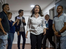 La líder opositora María Corina Machado llega este miércoles a la sede del partido político Vente Venezuela (VV), en Caracas (Venezuela)
