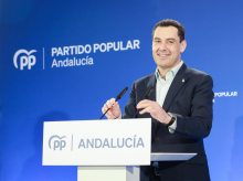 El presidente de la Junta de Andalucía, Juanma Moreno, en un acto del PP andaluz