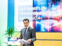 El presidente de la Junta, Juanma Moreno, en un acto de la Confederación de Empresarios de Andalucía