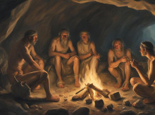 Homo sapiens alrededor de una hoguera en una cueva