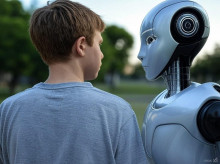 Un adolescente. junto a un bot de inteligencia artificial