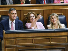 Pedro Sánchez, María Jesús Montero y Yolanda Díaz, este miércoles en el Congreso