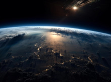 Glowing sphere orbits dark planet in stratosphere generated by artificial intelligence