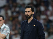 Real Madrid's Spanish coach Alvaro Arbeloa looks on during the Spanish league football match between Real Madrid CF and Girona FC at the Santiago Bernabeu stadium in Madrid on April 10, 2026. (Photo by Thomas COEX / AFP)