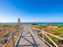La pasarela que recorre la playa de Cabopino en Marbella, rodeada de naturaleza y dunas