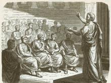 Demosthenes speech against Philip of Macedon.
Demosthenes (384 BC - 322 BC) was the greatest Greek orator. After  the "Peace of Philokrates" (346 BC), he rose to become the leading statesman of Athens. Philip II (c. 382 BC - 336 BC) was of 359 to 336 BC King of Macedonia and the father of Alexander the Great. Woodcut from the book "Hellas. Das Land und Volk der alten Griechen. (Hellas. The land and peaple of the ancient Greeks.)” (2nd Volume) by Dr. Wilhelm Waegner (1882, 5th edition) published by Otto Spamer, Leipzig and Berlin