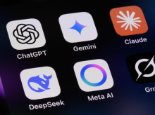 Toronto, Canada - May 9, 2025:  AI assistant apps on a smartphone - OpenAI ChatGPT, Google Gemini, Anthropic Claude, DeepSeek, Meta AI, and xAI Grok.