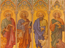 TRNAVA, SLOVAKIA - OCTOBER 14, 2014: The neo-gothic fresco of four  evangelists (Mark,Luke,Matthew,John) by Leopold Bruckner (1905 - 1906) in Saint Nicholas church.