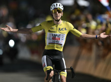 UAE Team Emirates - XRG's Slovenian rider Tadej Pogacar wearing the overall leader's yellow jersey cycles to the finish line to win the 19th stage of the 113th edition of the Tour de France cycling race, 127,9 km between Gap and Alpe d'Huez in the French Alps, on July 24, 2026. (Photo by Jeff PACHOUD / AFP)