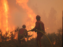 Unos bomberos combaten el fuego de estos días