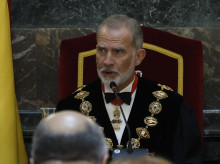 El rey Felipe VI, el ministro de Justicia Félix Bolaños, la presidenta del Tribunal Supremo y del Consejo General del Poder Judicial, Isabel Perelló, durante el acto de apertura del Año Judicial