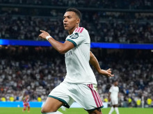 Kylian Mbappé celebra un gol en el Santiago Bernabéu