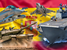 Ilustración con algunos de los medios militares españoles con el fondo de la bandera de España