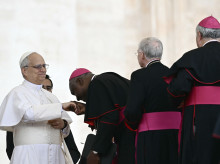 Pope Leo XIV greets bishops at the end of his first weekly general audience at St Peter's Square in The Vatican on May 21, 2025. (Photo by Filippo MONTEFORTE / AFP)