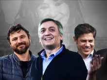 Juan Grabois, Máximo Kirchner y Axel Kicillof con Cristina Kirchner a sus espaldas