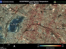 El instrumento ECOSTRESS capta París durante la ola de calor entre junio y julio de 2025 en Europa