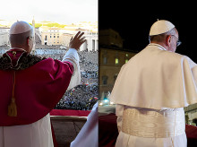 León XIV (izquierda) y Francisco (derecha) en su primer saludo al mundo como Papa