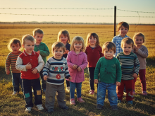Niños en un campo de minas, representación de IA.