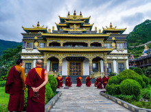 Student monks participate in a discussion session after class at the New Azom Monastery in Kathmandu, Nepal, on July 16, 2025. (Photo by Ambir Tolang/NurPhoto) (Photo by Ambir Tolang / NurPhoto via AFP)