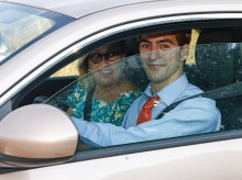 arriving at the christening of Lucas Urquijo, son of the politician José Luis Martínez-Almeida and Teresa Urquijo in Madrid. July 18 2025