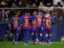 Los jugadores del FC Barcelona, en un partido de esta temporada