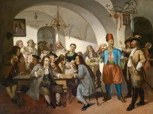 Esta pintura ilustra la legendaria fundación de The Blue Bottle Coffee House (Zu den blauen Flaschen o La Botella Azul), considerada una de las primeras cafeterías de Viena