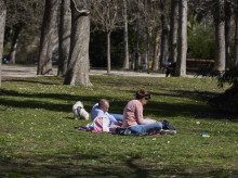 (Foto de ARCHIVO)
Una pareja y su perro sentados en el césped aprovechando las altas temperaturas, en el Parque del Retiro