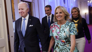 President Joe Biden and first lady Jill Biden during a reception for Greek Prime Minister in the East Room of the White House in Washington, Monday, May 16, 2022.