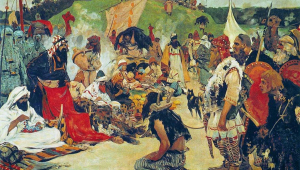 Tráfico de esclavos en el campamento de los eslavos orientales, pintura de Serguéi Ivanov