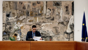 Pedro Sánchez during the technical committee meeting at the Palacio de la Moncloa  for crisis coronavirus in Madrid 06 April