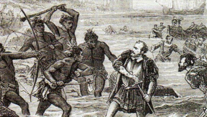 Muerte de Magallanes en la batalla de Mactán (grabado del siglo XIX)