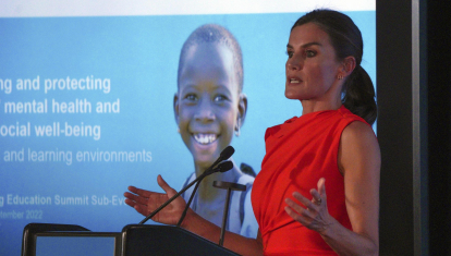 Queen Letizia in UNICEF's education summit promoting mental well-being in schools, Tuesday, Sept. 20, 2022, in New York.