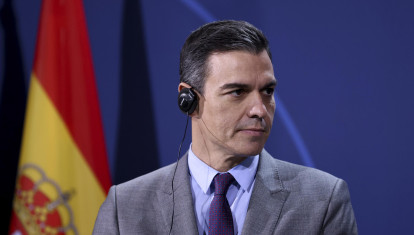 Spanish Prime Minister Pedro Sanchez attends a press statement at the Chancellery in Berlin, Germany, Friday March 18, 2022.