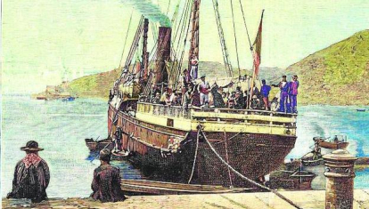 Dibujo del periódico La Ilustración: llegada a Cartagena del barco Correo de Cartagena con repatriados de Orán (1881)
