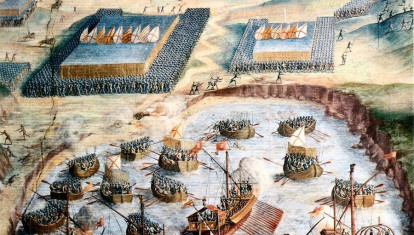Desembarco de tercios españoles en la batalla de la isla Terceira, en las islas Azores, fresco de Niccolò Granello en la Sala de las batallas del monasterio de El Escorial