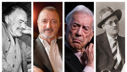 Los escritores Ernest Hemingway, Arturo Pérez-Reverte, Mario Vargas Llosa y James Joyce