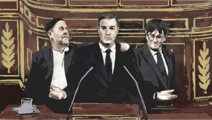 Ilustración de Pedro Sánchez flanqueado por Junqueras y Puigdemont